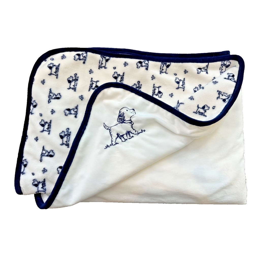 Little Me Baby Blanket Puppy Dog  Navy Blue White Reversible 30x40